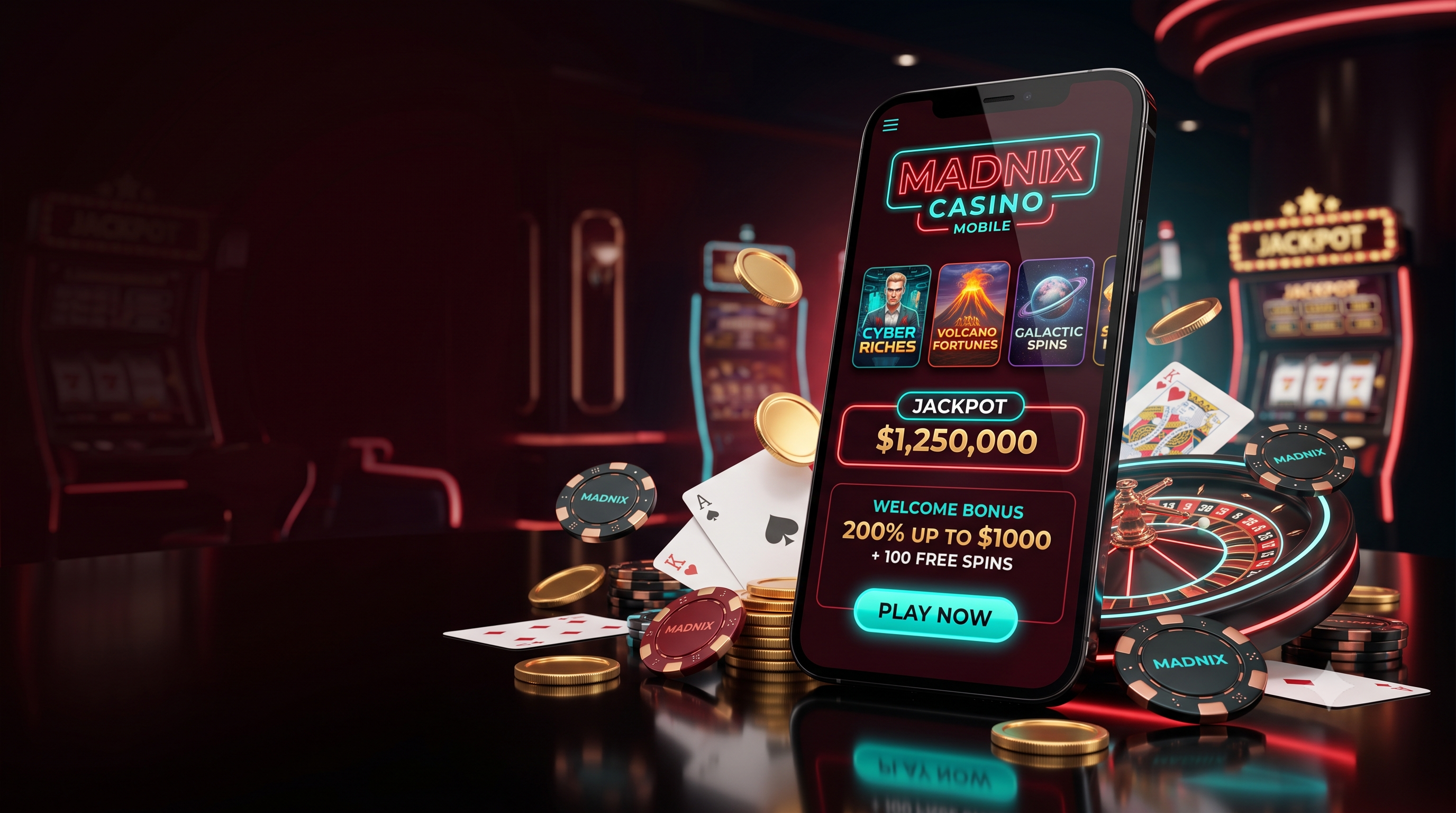 Page d'accueil de Madnix Casino affichant les promotions et le lobby des jeux